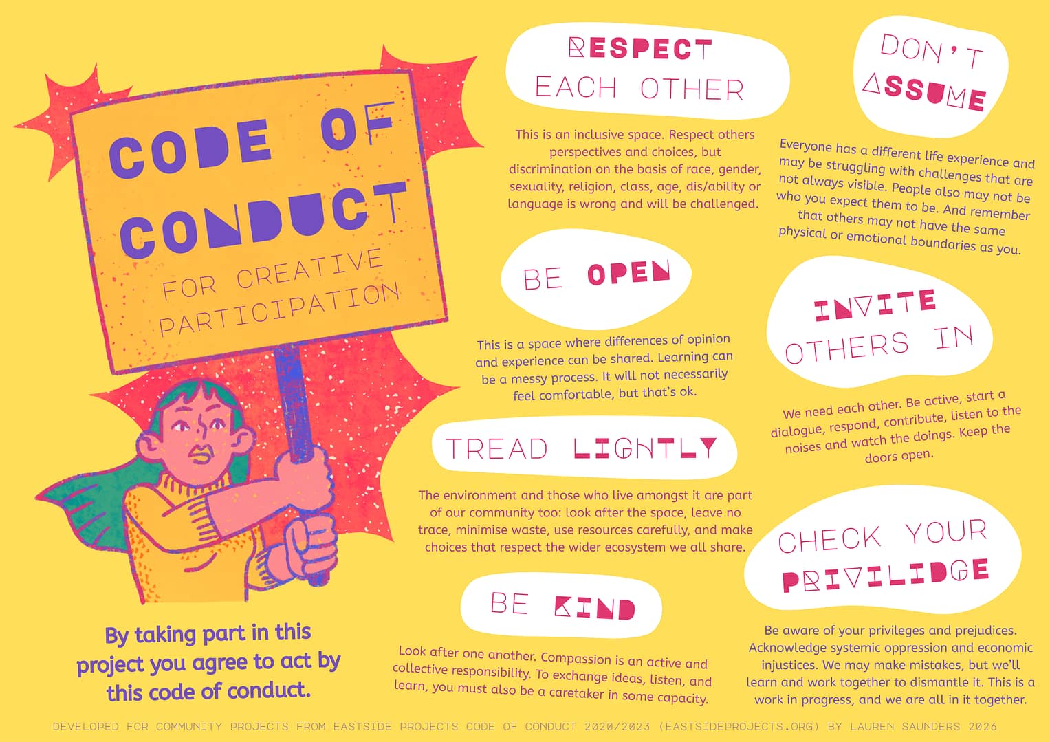 A brightly coloured illustrated poster titled “Code of Conduct for Creative Participation.” On the left, a cartoon person with green hair holds a large sign displaying the title. The background is yellow with decorative star shapes. Around the poster, various guidelines are written inside white speech-bubble shapes with pink text: Respect each other: This is an inclusive space; discrimination based on race, gender, sexuality, religion, class, age, disability, or language is wrong and will be challenged. Don’t assume: Everyone has different experiences; challenges aren’t always visible, and people may have different boundaries. Be open: Differences of opinion and experience are welcome; learning can be messy and uncomfortable. Invite others in: Be active, start dialogue, respond, contribute, listen, keep the doors open. Tread lightly: Care for the environment and community; leave no trace, minimise waste, use resources carefully, and respect the shared ecosystem. Be kind: Look after one another; compassion is a collective responsibility, and learning requires care. Check your privilege: Be aware of prejudice, oppression, and economic injustice; acknowledge mistakes and commit to learning and dismantling inequities together. At the bottom left, text reads: “By taking part in this project you agree to act by this code of conduct.” A footer notes that it was developed from Eastside Projects’ code of conduct and designed by Lauren Saunders, 2026.